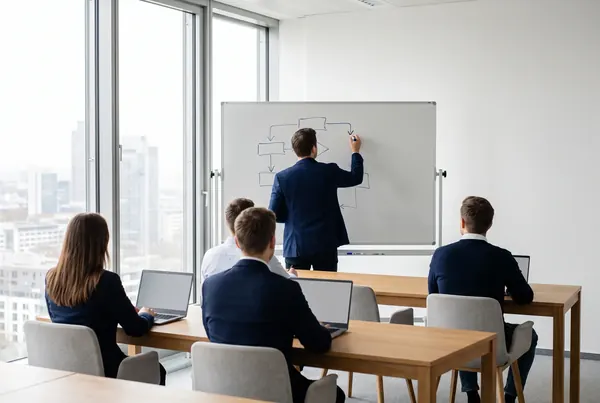 KI-generierte Darstellung: Trainer skizziert einen Ablauf am Whiteboard, Teilnehmende arbeiten an Laptops mit