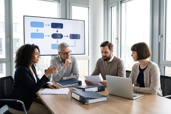 KI-generierte Darstellung: Besprechung mit Datenschutzordnern, im Hintergrund ein Datenflussdiagramm