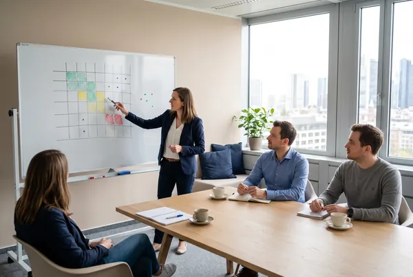 KI-generierte Darstellung: Trainerin erklärt eine Risikomatrix am Whiteboard, Teilnehmende hören zu