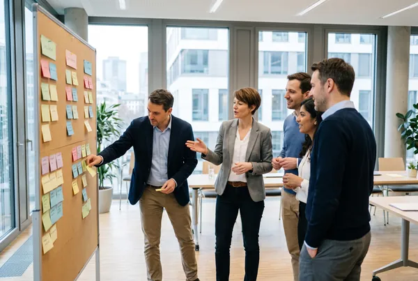 KI-generierte Darstellung: Workshop-Gruppe ordnet Maßnahmenkarten an einer Pinnwand