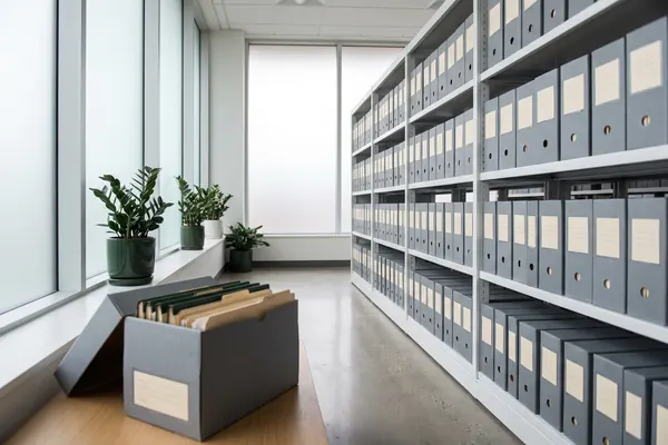 Helles Aktenarchiv mit Regalen voller Ordnerboxen