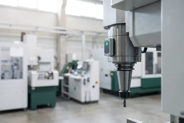 Maschinenspindel mit Sensor und grüner Status-LED in einer Produktionshalle
