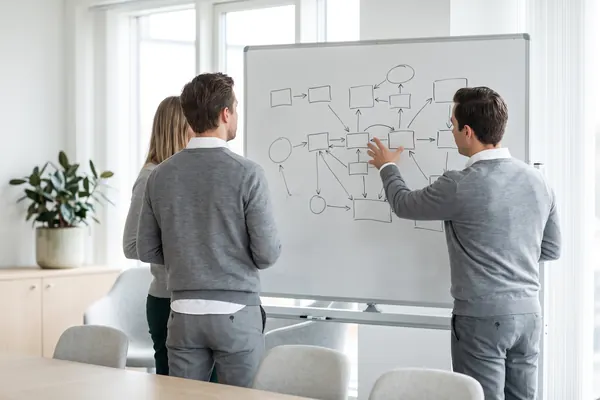 KI-generierte Darstellung: Team von hinten an einem Whiteboard mit skizziertem Ablauf