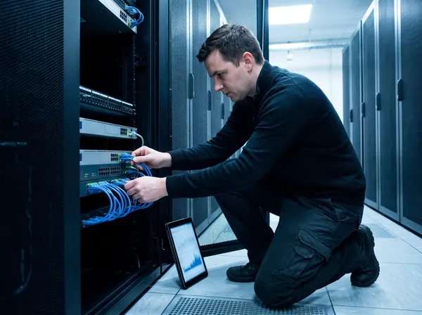 KI-generierte Darstellung: Techniker verbindet Netzwerkkabel in einem Serverschrank