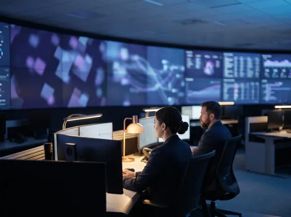 KI-generierte Darstellung: Zwei Analysten im Security Operations Center vor einer Bildschirmwand