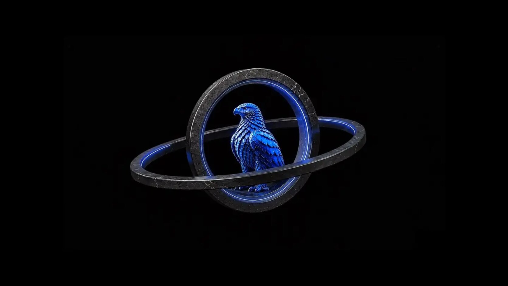 Stilisierter blauer Adler in einem leuchtenden Orbital-Ring auf schwarzem Grund. Sinnbild für Schutz und Verteidigung