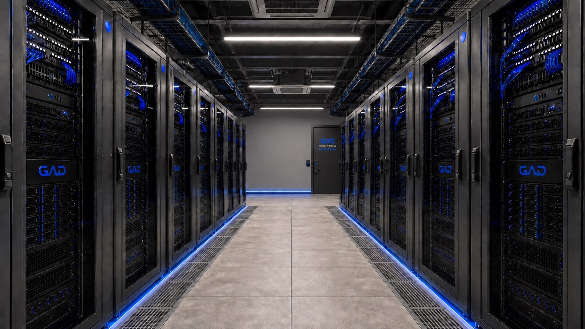 GAD Rechenzentrum. Server-Hall mit blau beleuchteten Racks
